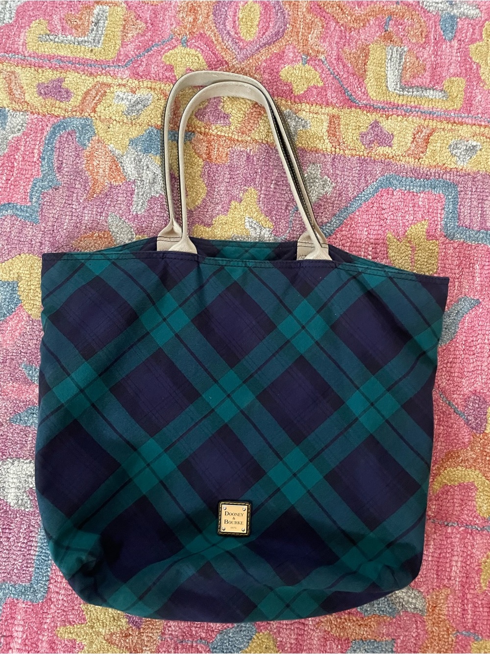Dooney & Bourke Navy and Green Tartan Plaid Tote Bag